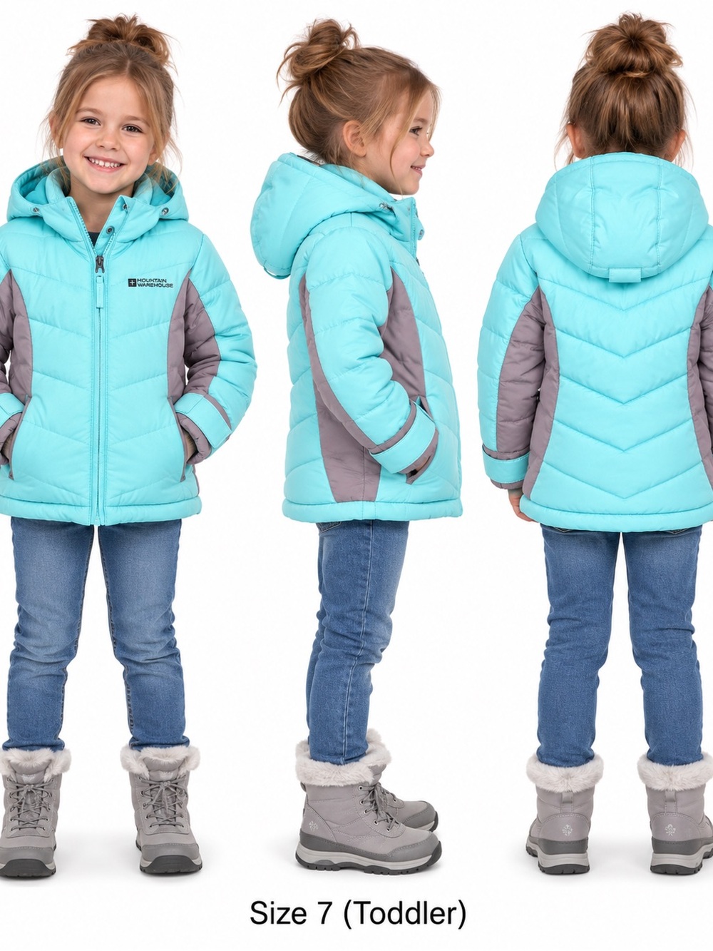 Mountain Warehouse Kids Aqua Hooded Puffer Jacket with Gray Panels size 7-8